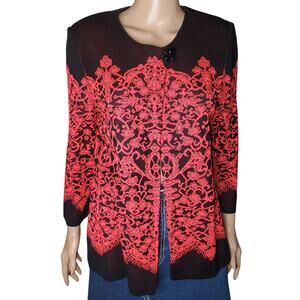 Misook PM Petite Medium Black Red Lace Knit Jacket Cardigan Snap Button Career
